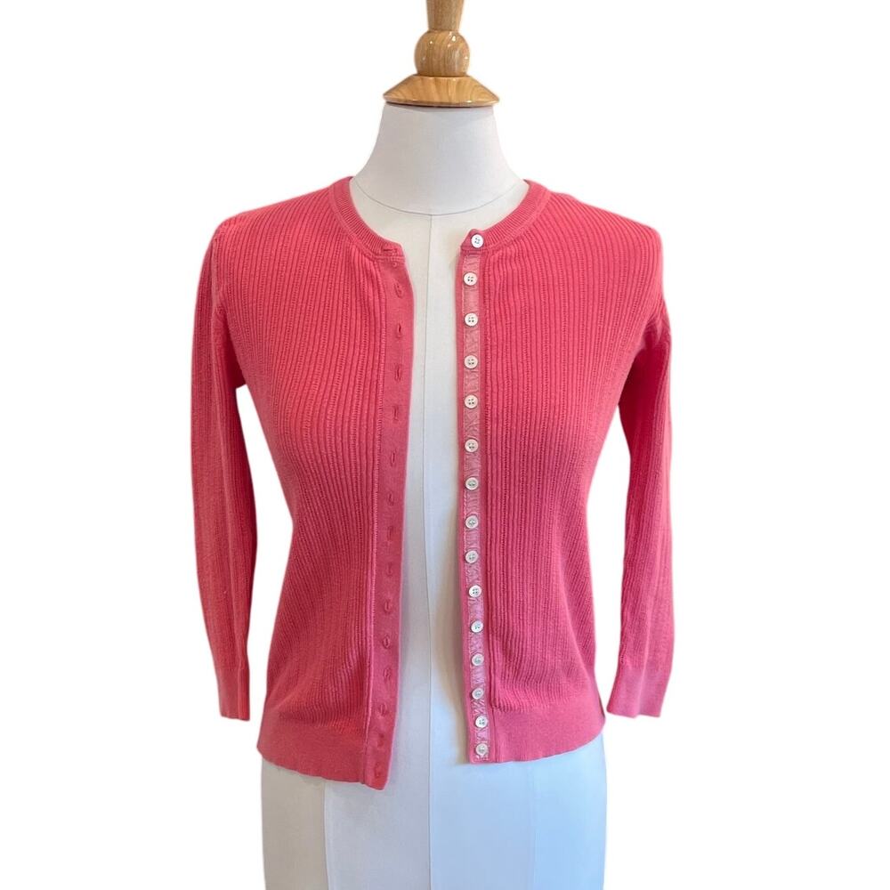 J. Crew Factory Pink Ribbed Knit Crewneck 3/4 Sleeve Cardigan Sweater Academia M